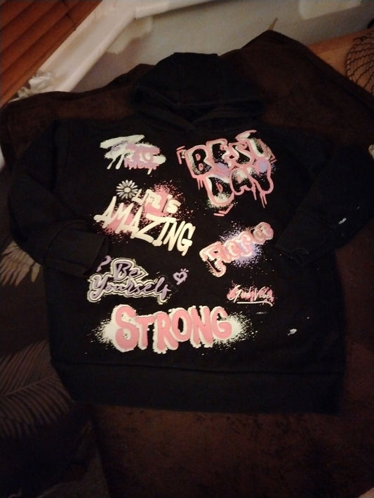 Primark Hoodie Girls 9-10 Black Graphic STRONG Be Yourself Long Sleeve Pullover