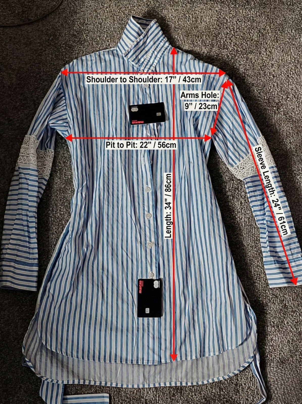 Liu Jo Shirt Dress Womens 38 Blue White Stripe Long Sleeve Lace Belted Buttoned