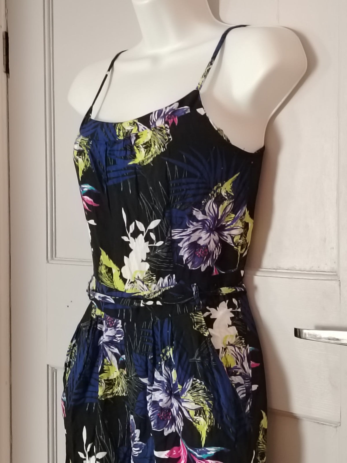 Womens Jumpsuit Spaghetti Strap Belted Floral Print Navy Black Summer Pockets