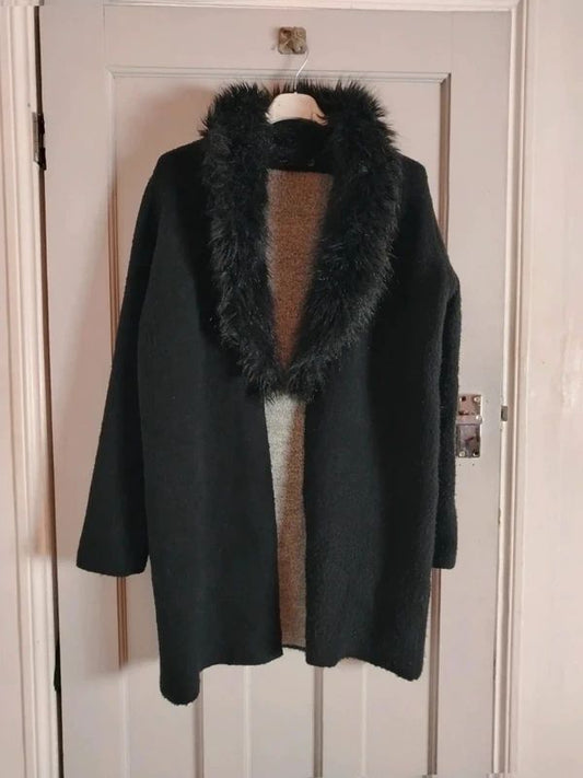 Cortefiel black Faux Fur Cardigan Coat UK 8