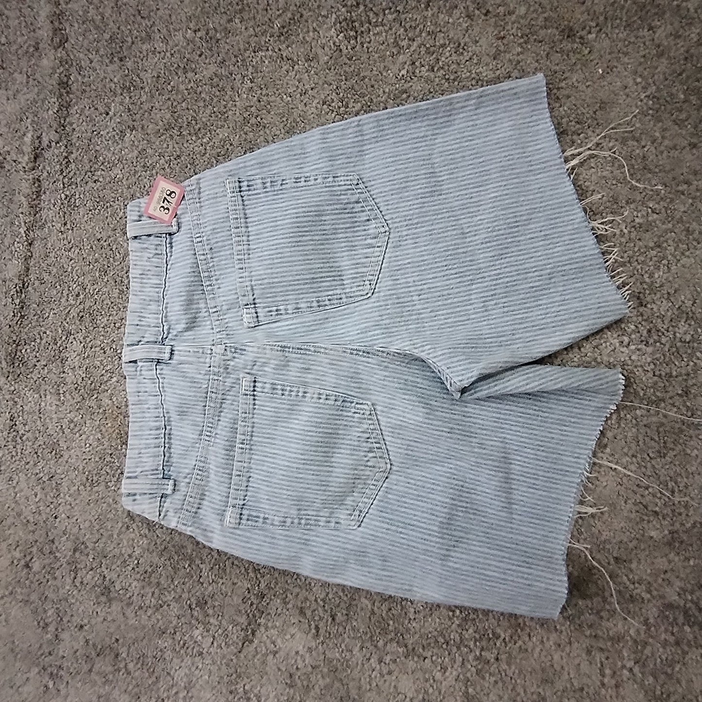 Denim Shorts Women's UK4 Boyfriend High Rise Light Blue Striped Frayed Raw Hem