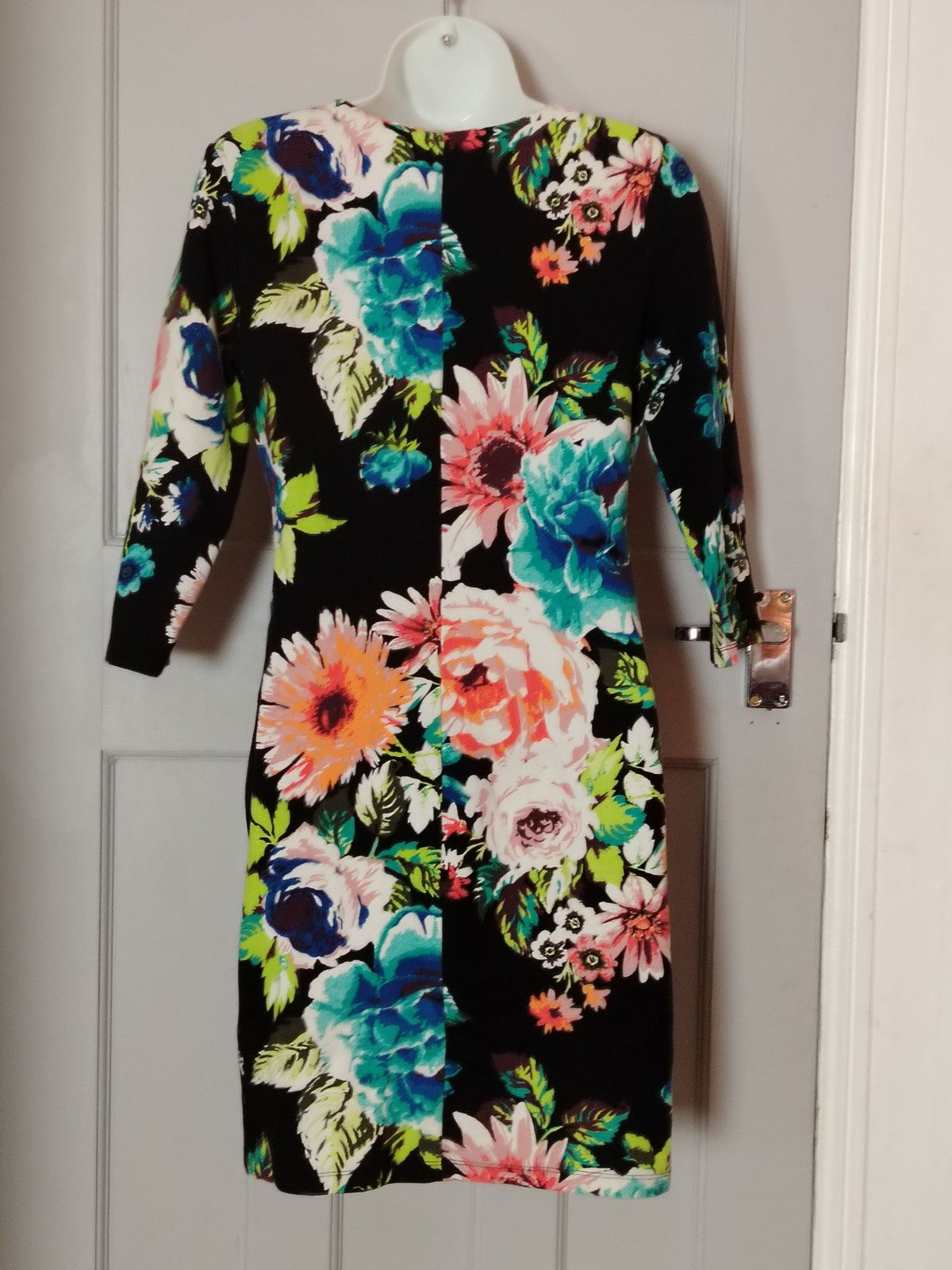 H&M Dress Womens M Black Floral 3/4 Sleeve Fitted Sheath Knee Length Stretch