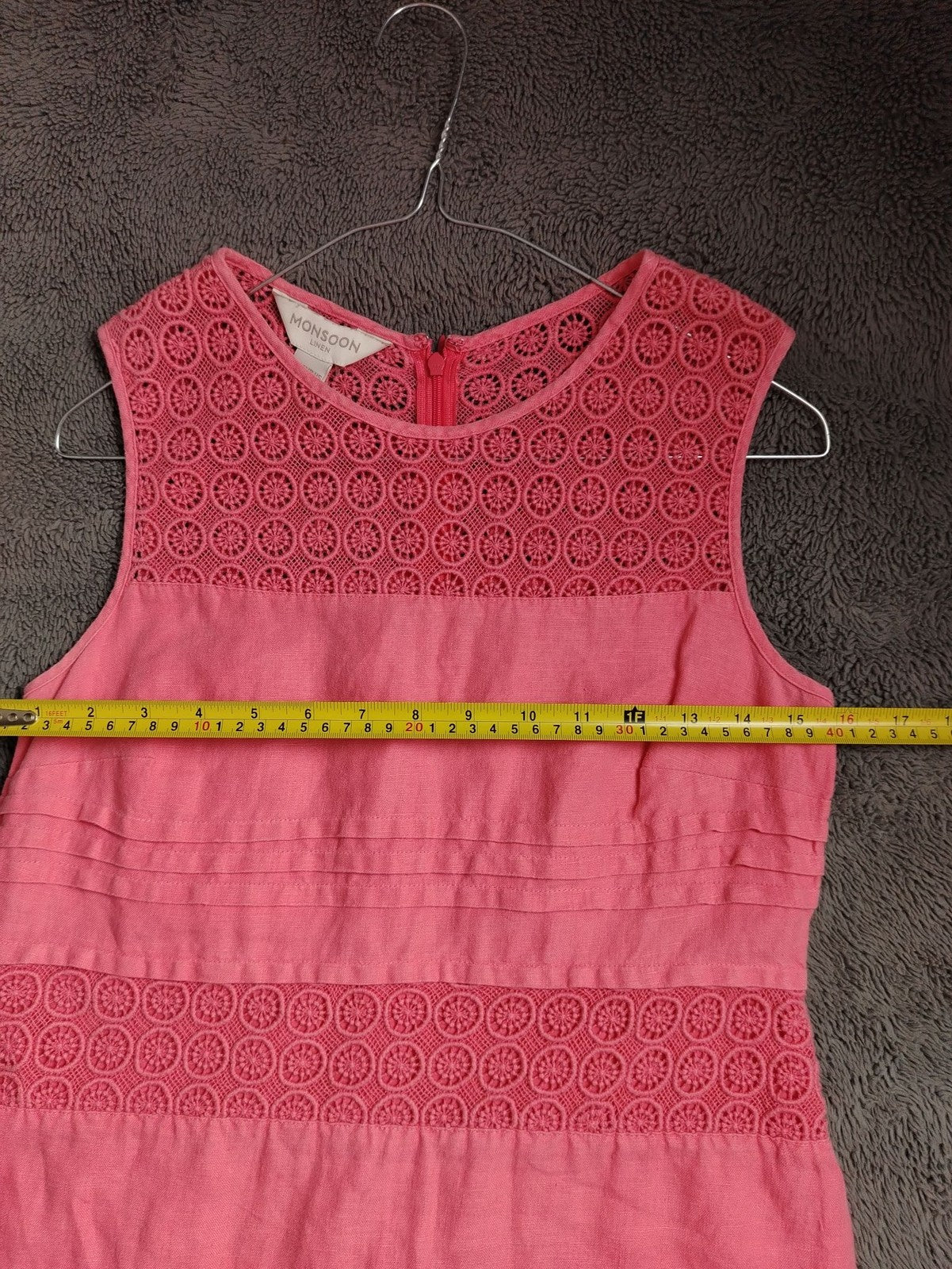 Monsoon Dress Womens 8 Linen Shift Sleeveless Crochet Lace Back Zip Coral Pink