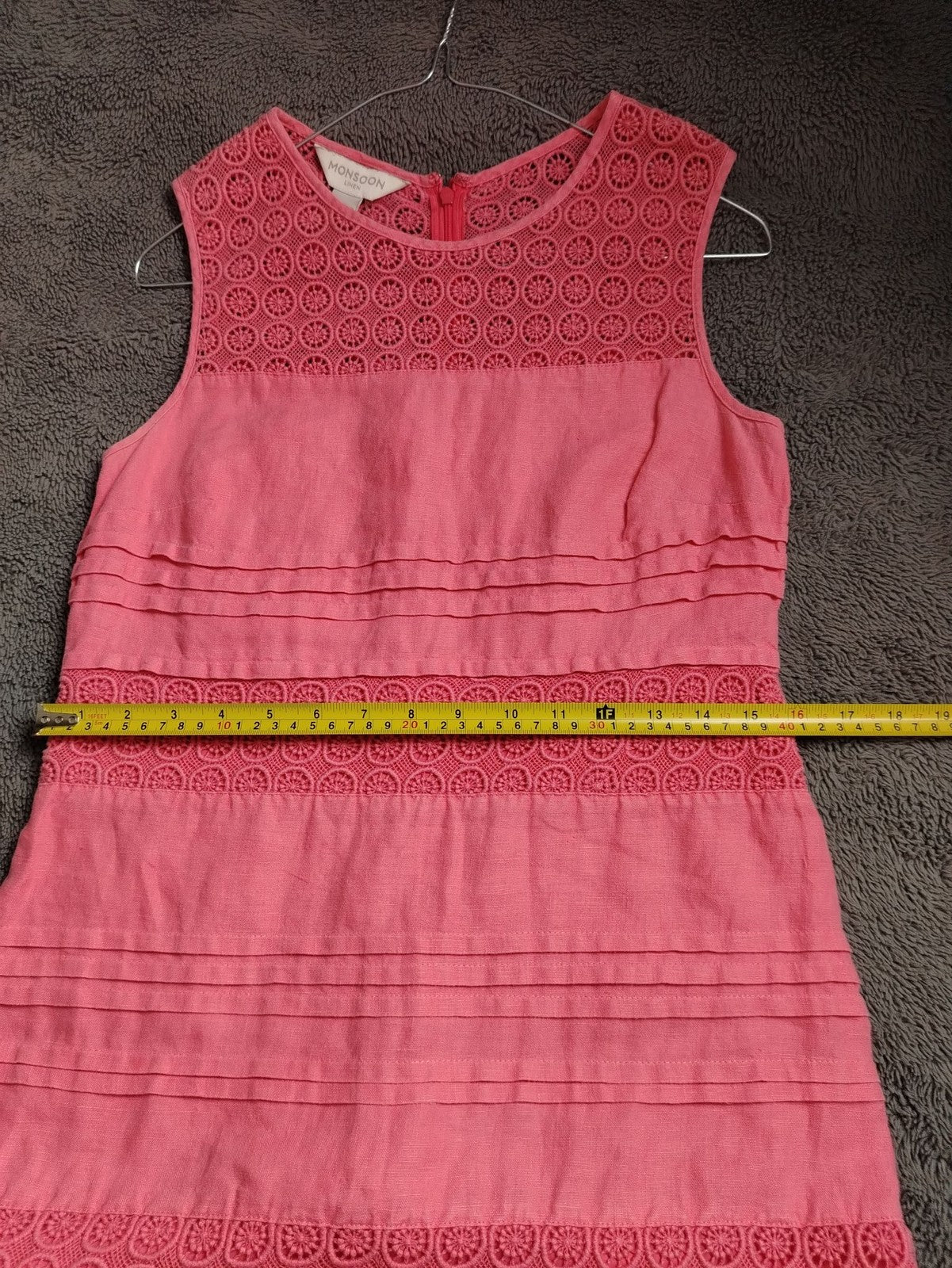 Monsoon Dress Womens 8 Linen Shift Sleeveless Crochet Lace Back Zip Coral Pink