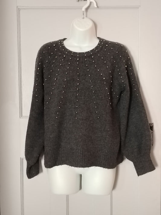 Primark Sweater Womens XS Gray Studded Crewneck Fuzzy Knit Beaded Top Pearl