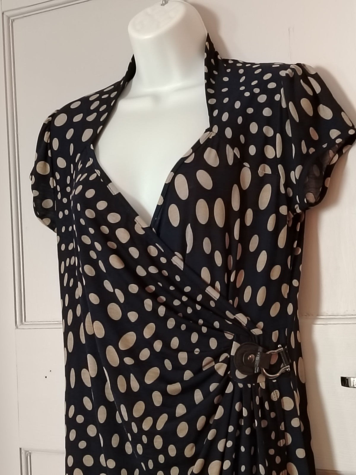 Promod Dress Womens L Navy Polka Dot Wrap VNeck Buckle Short Sleeve Knee Length