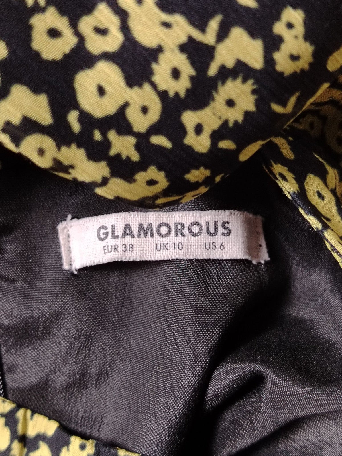 Glamorous Dress Womens S Black Yellow Floral Midi Ruffle Puff Sleeve Tie Waist