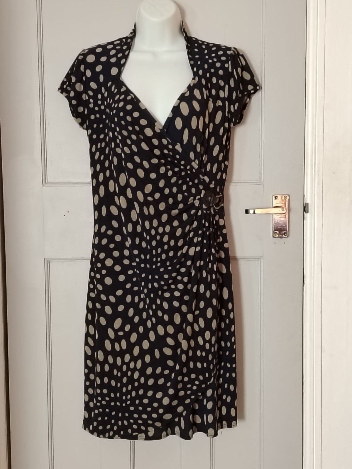 Promod Dress Womens L Navy Polka Dot Wrap VNeck Buckle Short Sleeve Knee Length