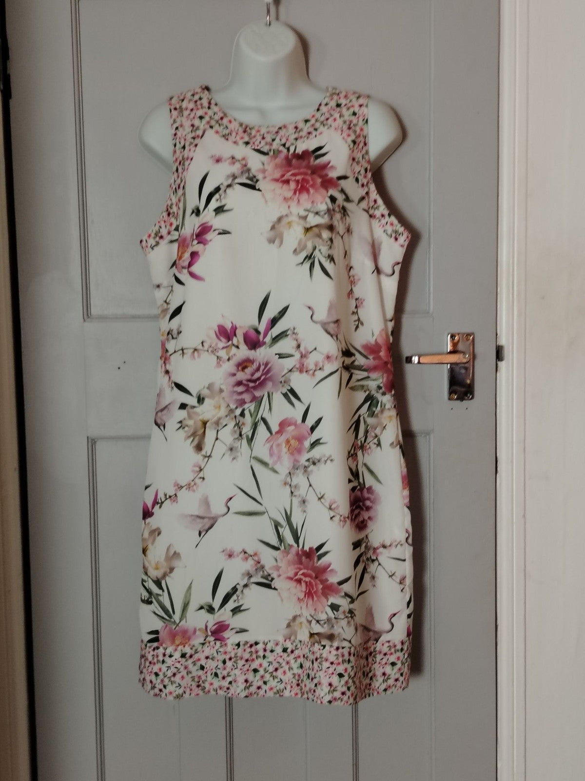 Wallis Dress Women's UK12 Floral Sheath Sleeveless White Pink Print Shift Summer