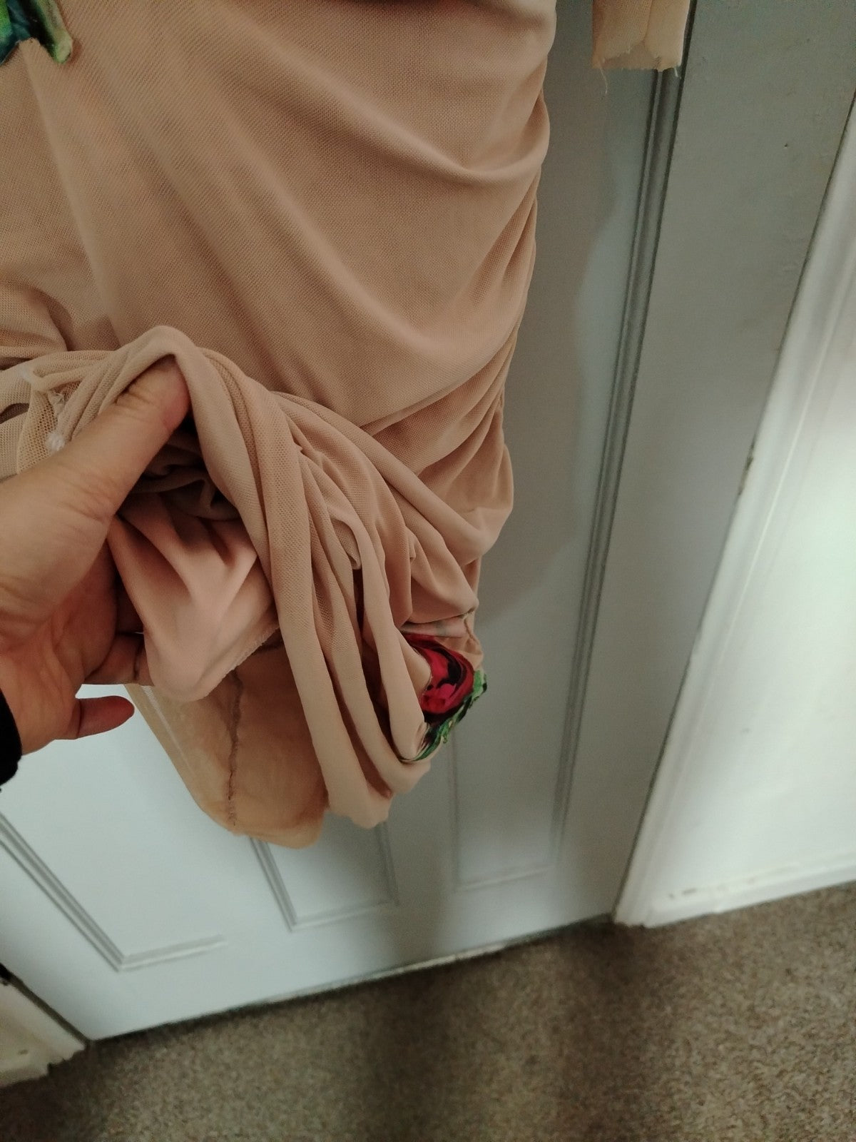 Odee Cutie Nude Beige Ruched Midi Dress Red Rose Floral Long Sleeve UK 8/10 Fair