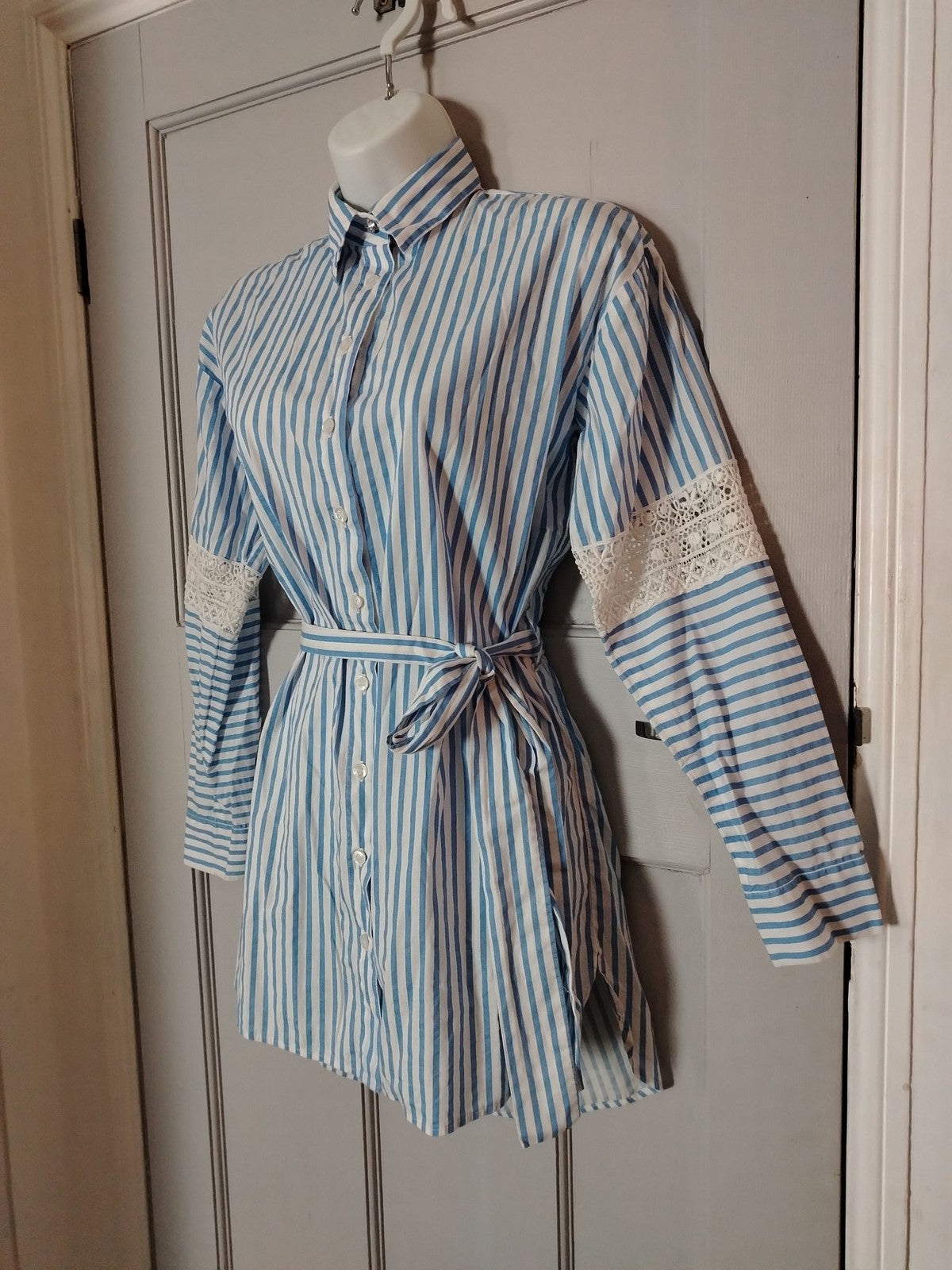 Liu Jo Shirt Dress Womens 38 Blue White Stripe Long Sleeve Lace Belted Buttoned