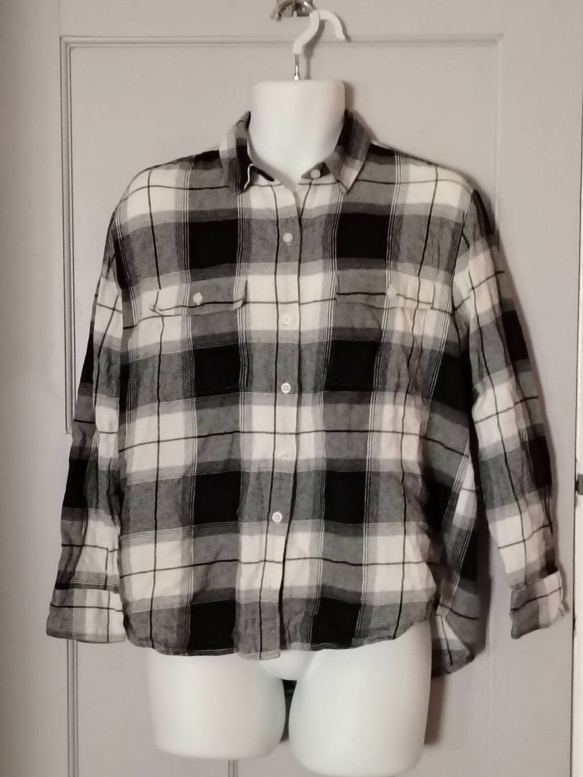 Joe Browns Shirt Women L Black White Plaid Long Sleeve Tunic Button Up Boyfriend