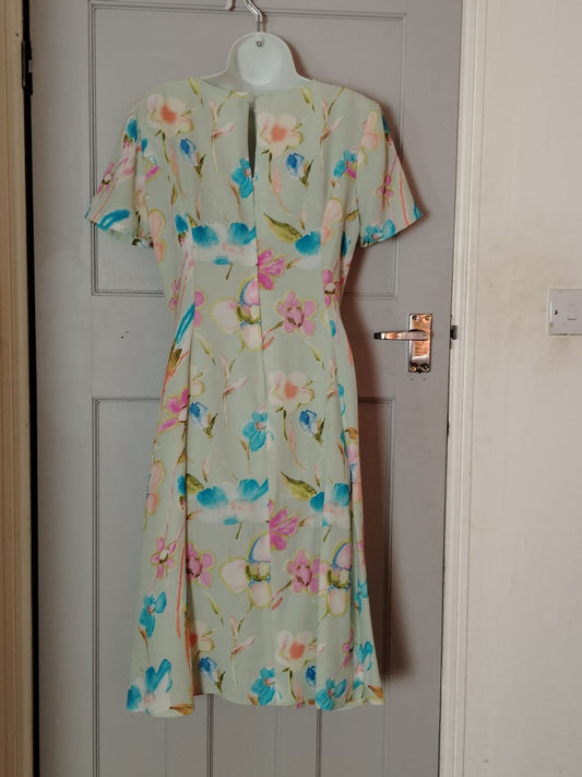 Floral Midi Dress Womens M Pastel Mint Green Watercolor Flower V-Neck Buttons