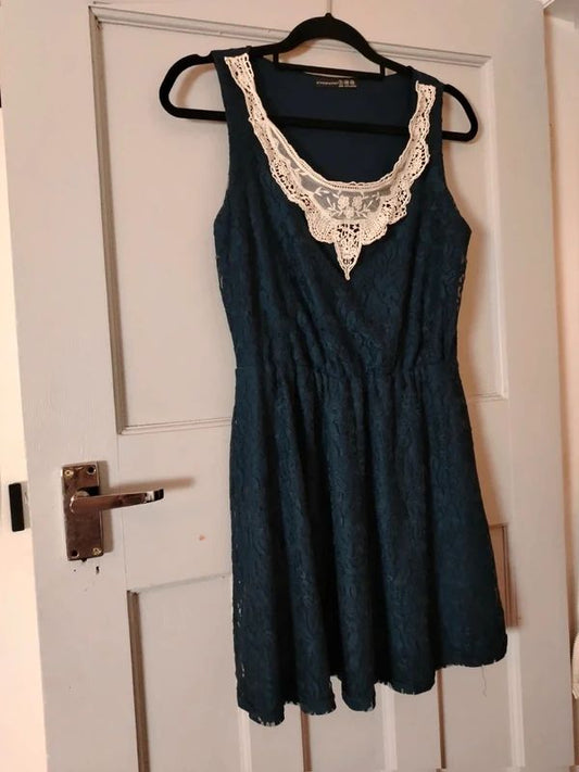 Atmosphere navy lace skater dress with cream Lace collar uk8