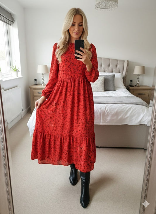 Spares Pre-owned New Look Dress UK 8 Red Black Floral Tiered Maxi Viscose Boho