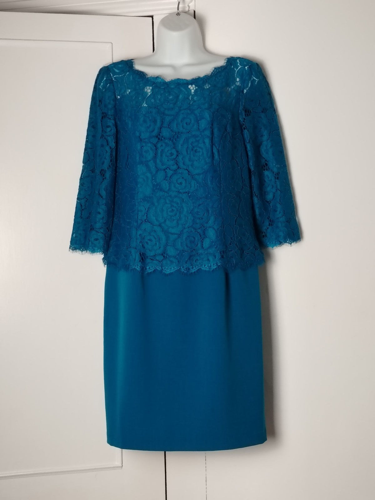 Adrianna Papell Dress Womens UK 12 Teal Lace Overlay V Neck 3/4 Sleeve Formal