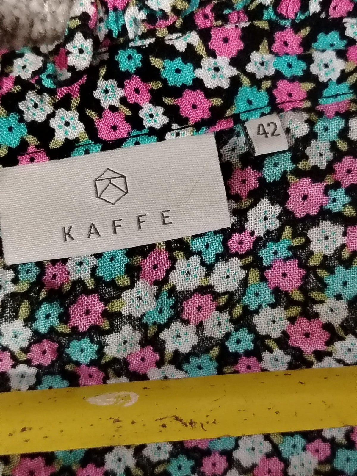 KAFFE Dress Womens 42 Floral Tiered V-Neck Bell Sleeve Empire Black Pink Teal