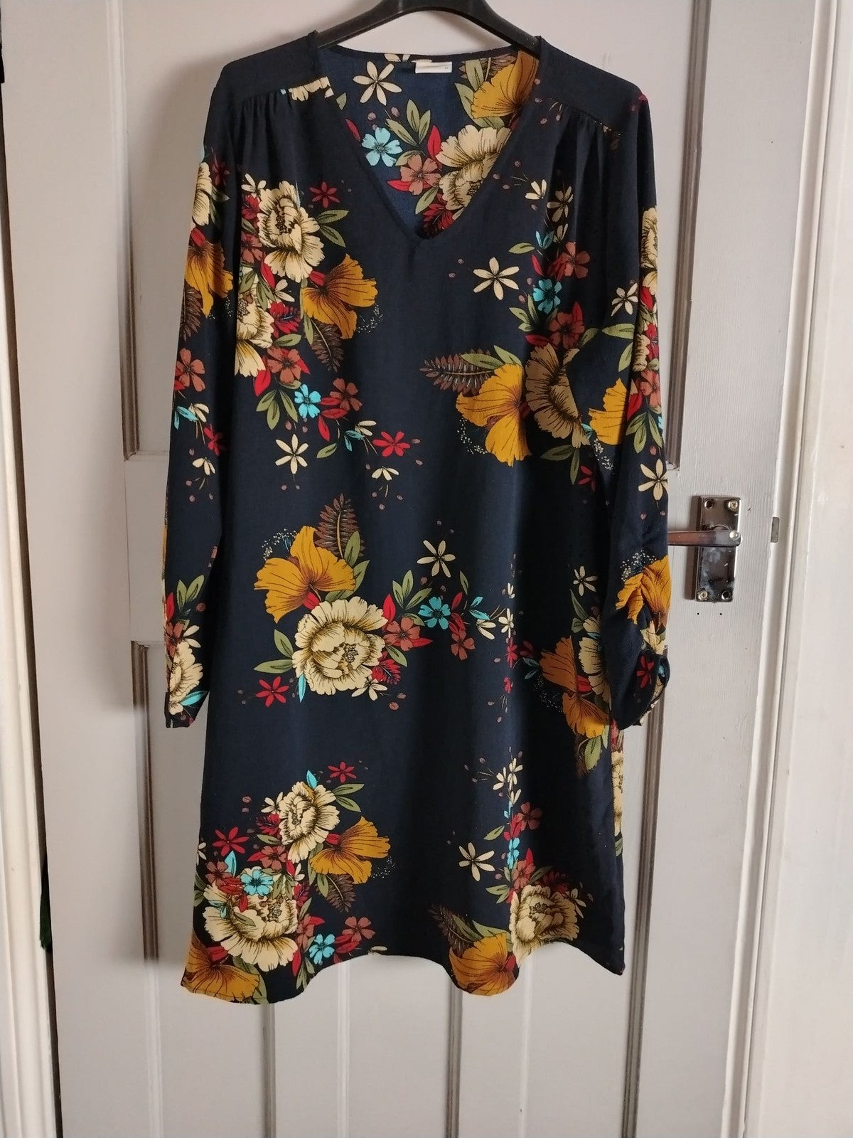 Jacqueline de Yong Dress Womens 40 Navy Floral V Neck Long Sleeve Boho Shift