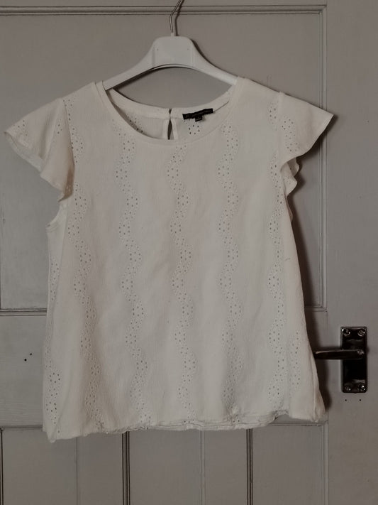 Adrianna Papell Top Womens S White Eyelet Flutter Sleeve Blouse Keyhole Button