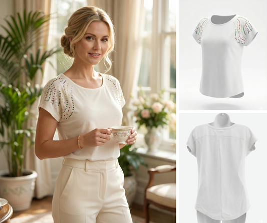 Nice Dreams Women's Cream Top Beaded Studded Embellished Cap Sleeve Boho Size L