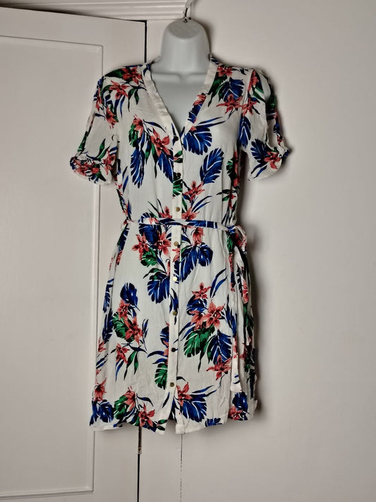 F&F Dress Womens UK 10 Floral Shirt Dress Sleeve Button Front Belted Viscose
