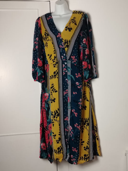 Monsoon Dress Womens UK 18 Floral Button Front V-Neck Maxi Teal Long Sleeve