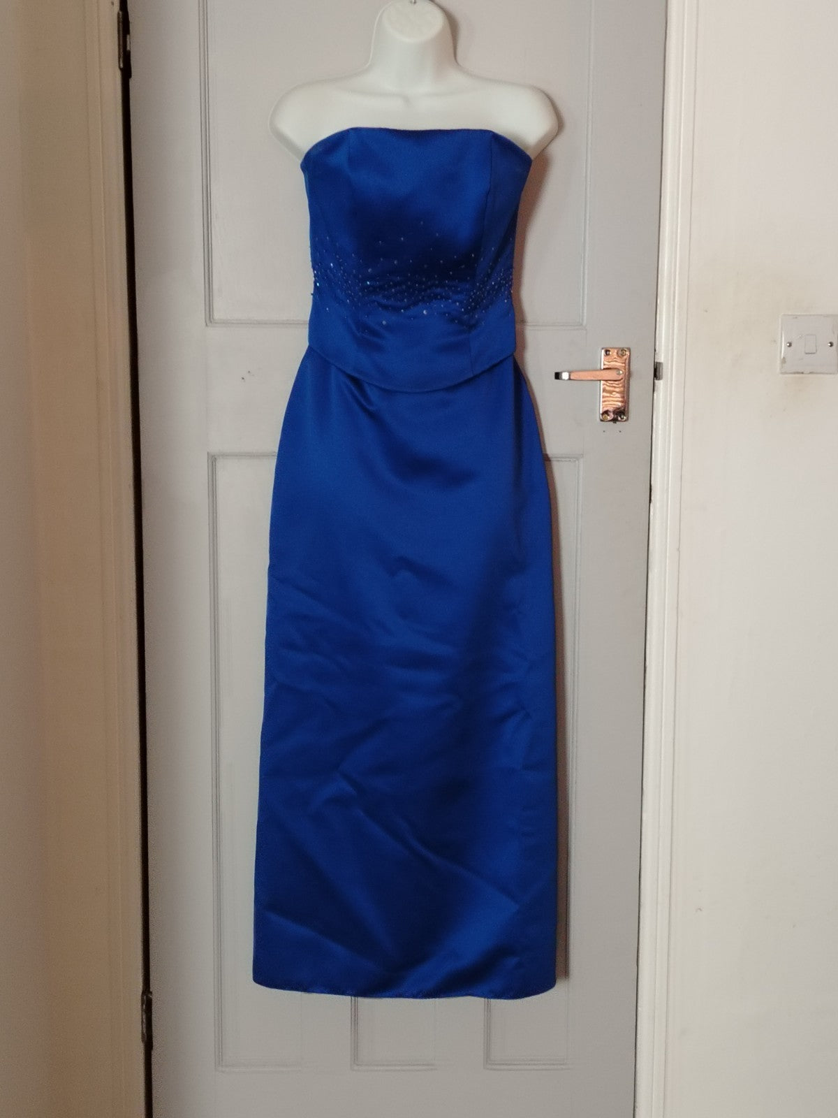 Romantica Royal Blue Satin Evening Prom Dress Beaded Corset Maxi Approx UK 8