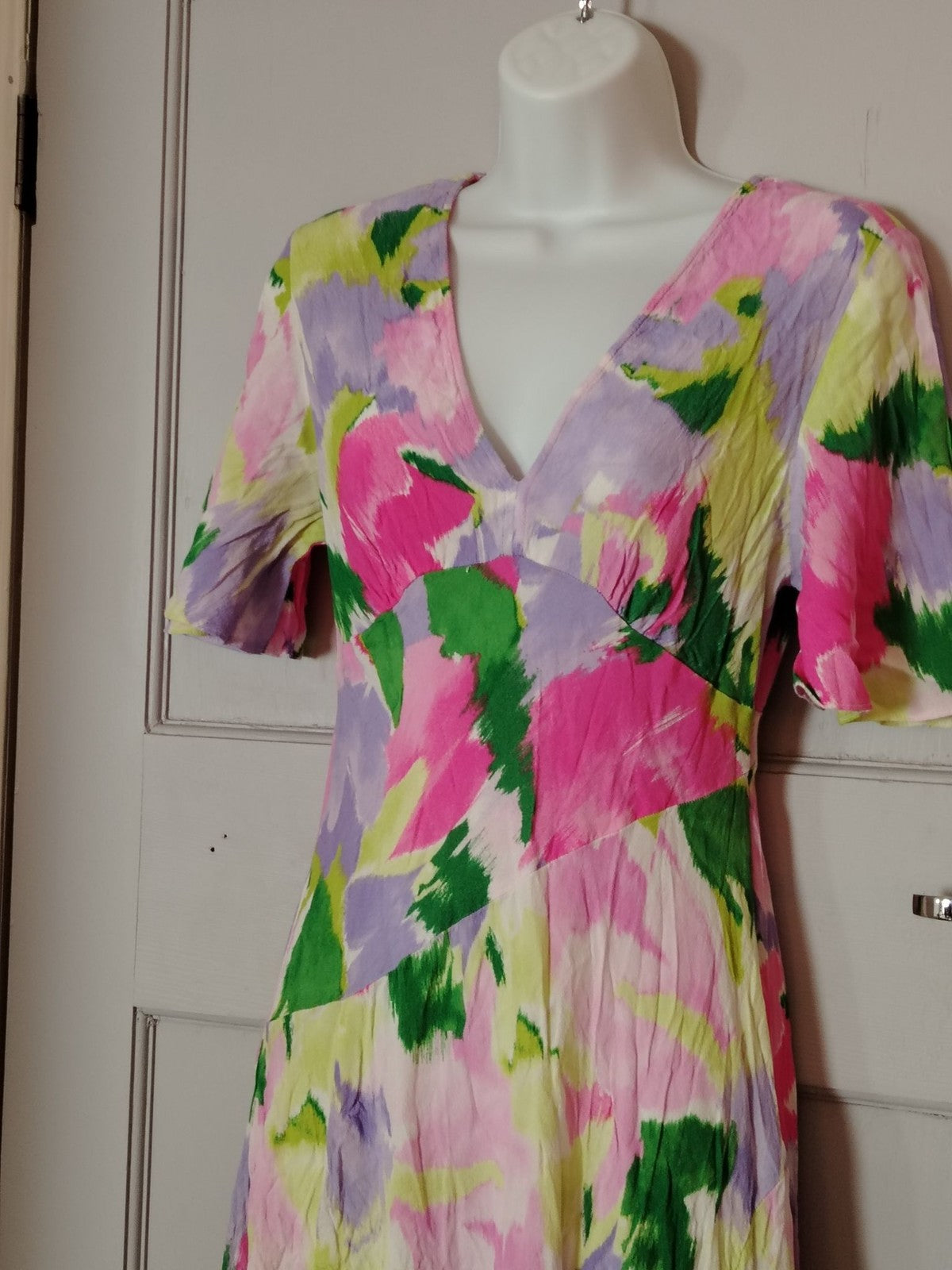 Primark Dress Womens 12 V Neck Midi Short Sleeve Floral Pink Green Lavender