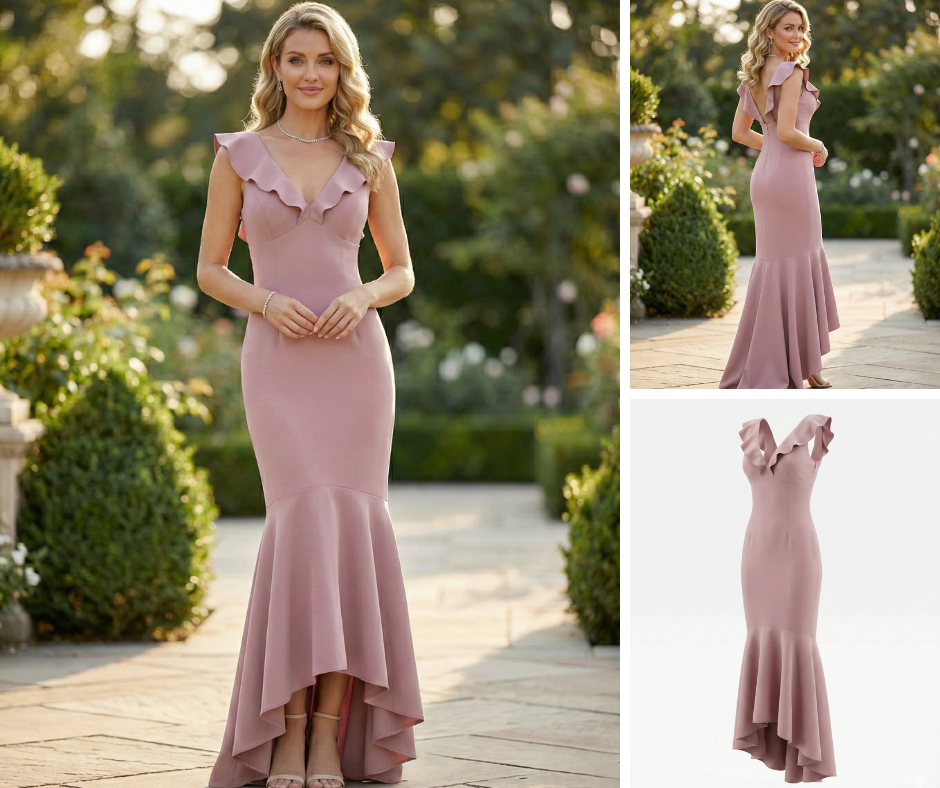 Chi Chi London Zuri Dress Mink Pink UK 12 Ruffle Fishtail High Low Evening Forma