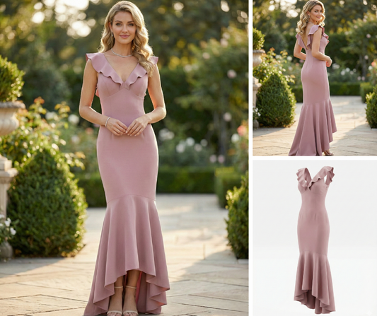 Chi Chi London Zuri Dress Mink Pink UK 12 Ruffle Fishtail High Low Evening Forma