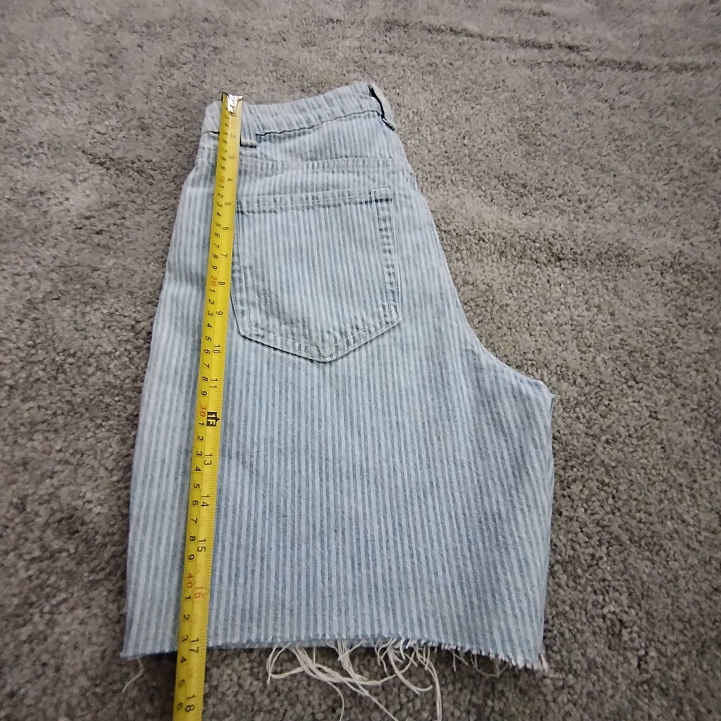 Denim Shorts Women's UK4 Boyfriend High Rise Light Blue Striped Frayed Raw Hem