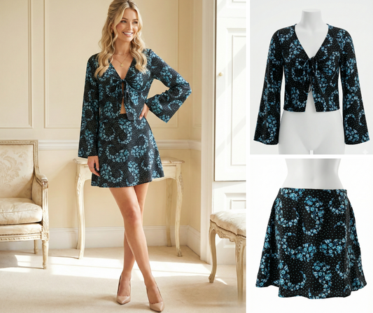 Wednesday's Girl Floral Co-ord Set Size S - Tie Front Bell Sleeve Top & Mini Ski