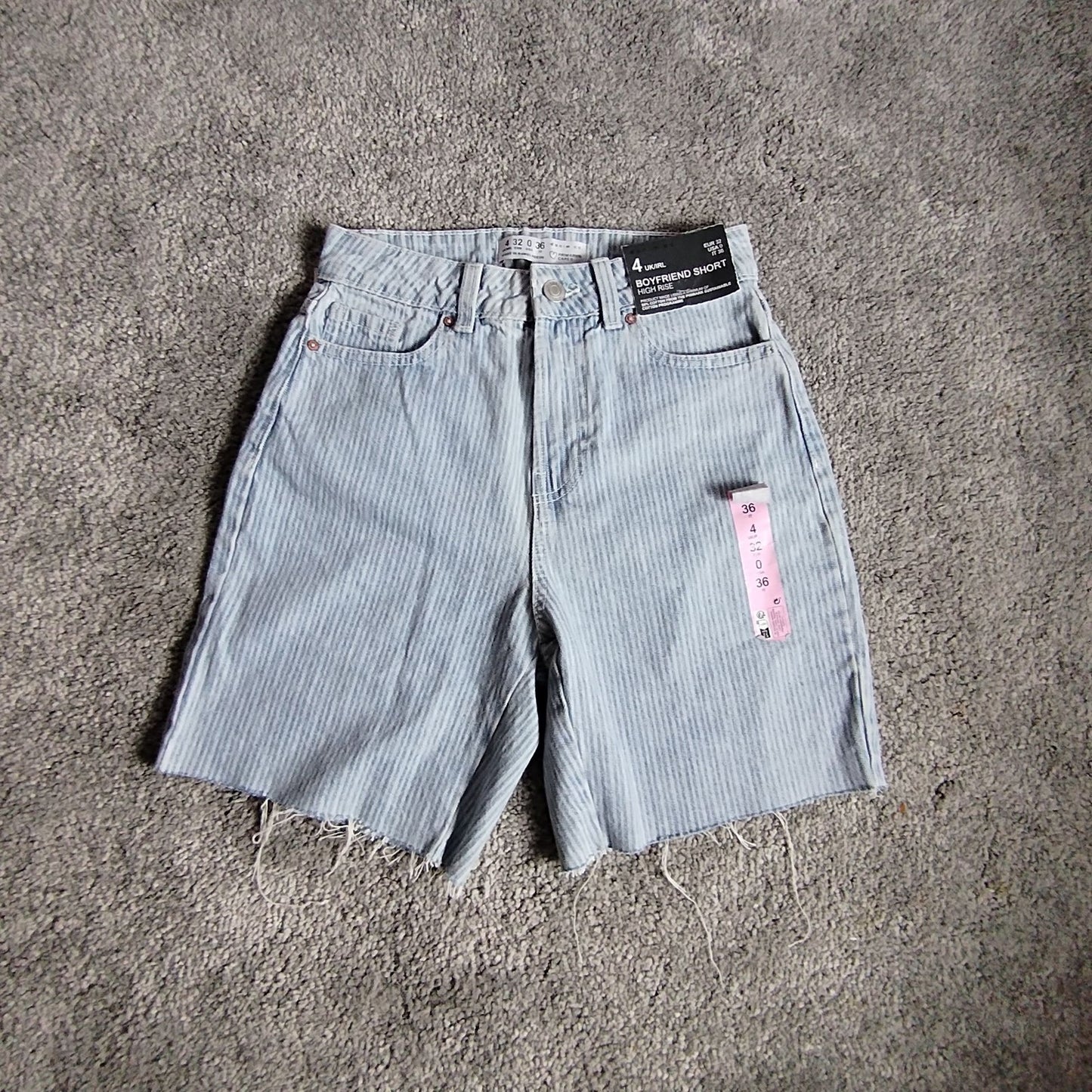 Denim Shorts Women's UK4 Boyfriend High Rise Light Blue Striped Frayed Raw Hem