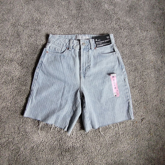 Denim Shorts Women's UK4 Boyfriend High Rise Light Blue Striped Frayed Raw Hem