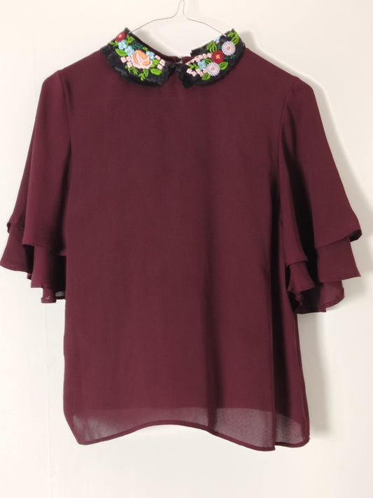 New Look Blouse Womens UK 8 Burgundy Embroidered Peter Pan Collar Ruffle Sleeve