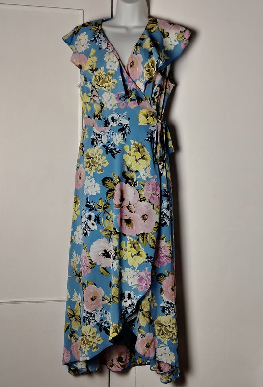 Pre-Loved Kaleidoscope Dress Womens UK 16 Blue Floral Wrap Maxi Ruffle Tie Waist Cap Sleeve