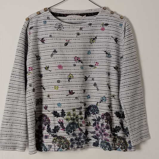 Pre-Loved Country Rose Long Sleeve Jumper Women's M Cotton Stripe Floral Button White Crew