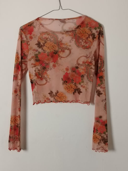 Pre-Loved Top Womens S Floral Snake Print Sheer Long Sleeve Crop Lettuce Hem Pink