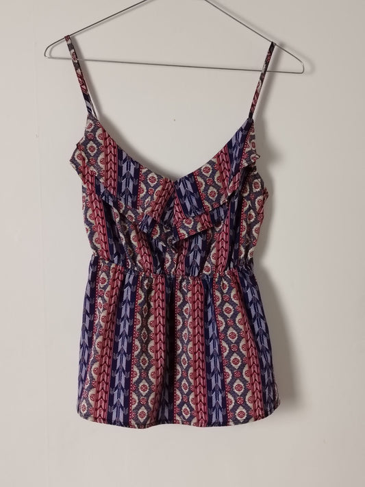 Pre-Loved Top Womens Cami Spaghetti Strap Ruffle Bust Elastic Waist Blue Red