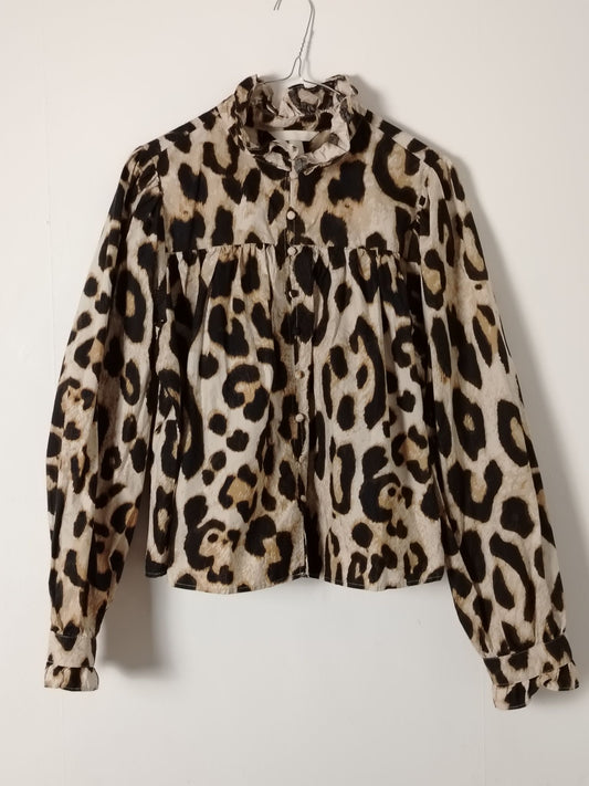 Pre-Loved H&amp;M Blouse Womens M Leopard Print Ruffle Collar Long Sleeve Button Up Beige