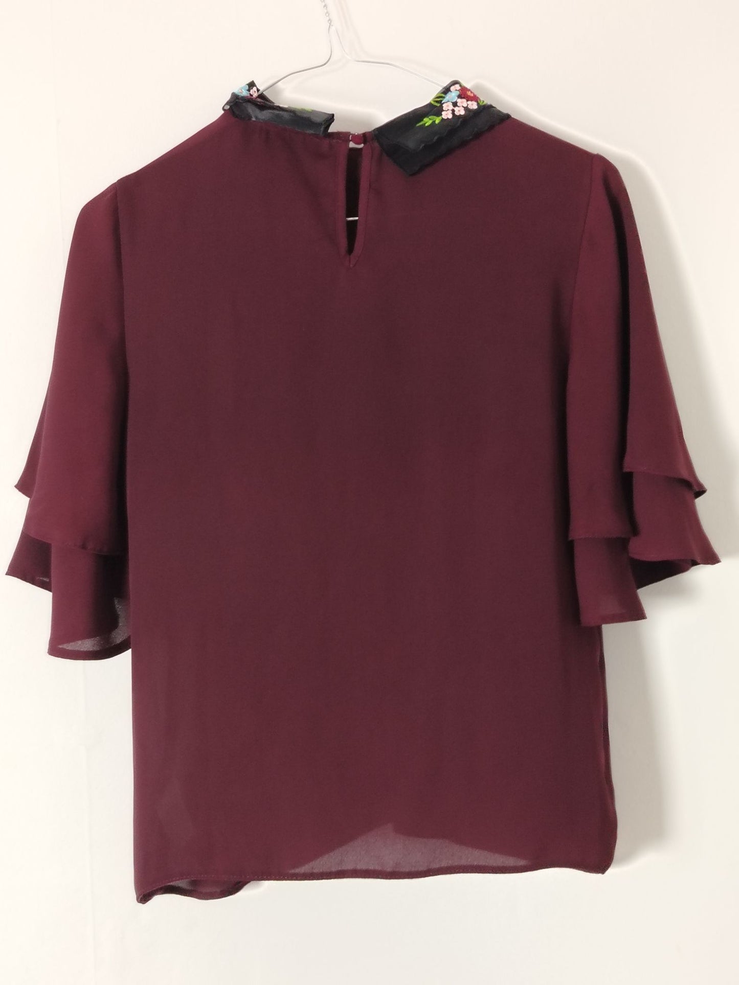 New Look Blouse Womens UK 8 Burgundy Embroidered Peter Pan Collar Ruffle Sleeve