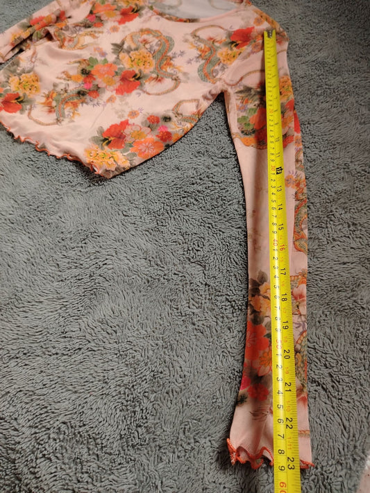 Pre-Loved Top Womens S Floral Snake Print Sheer Long Sleeve Crop Lettuce Hem Pink