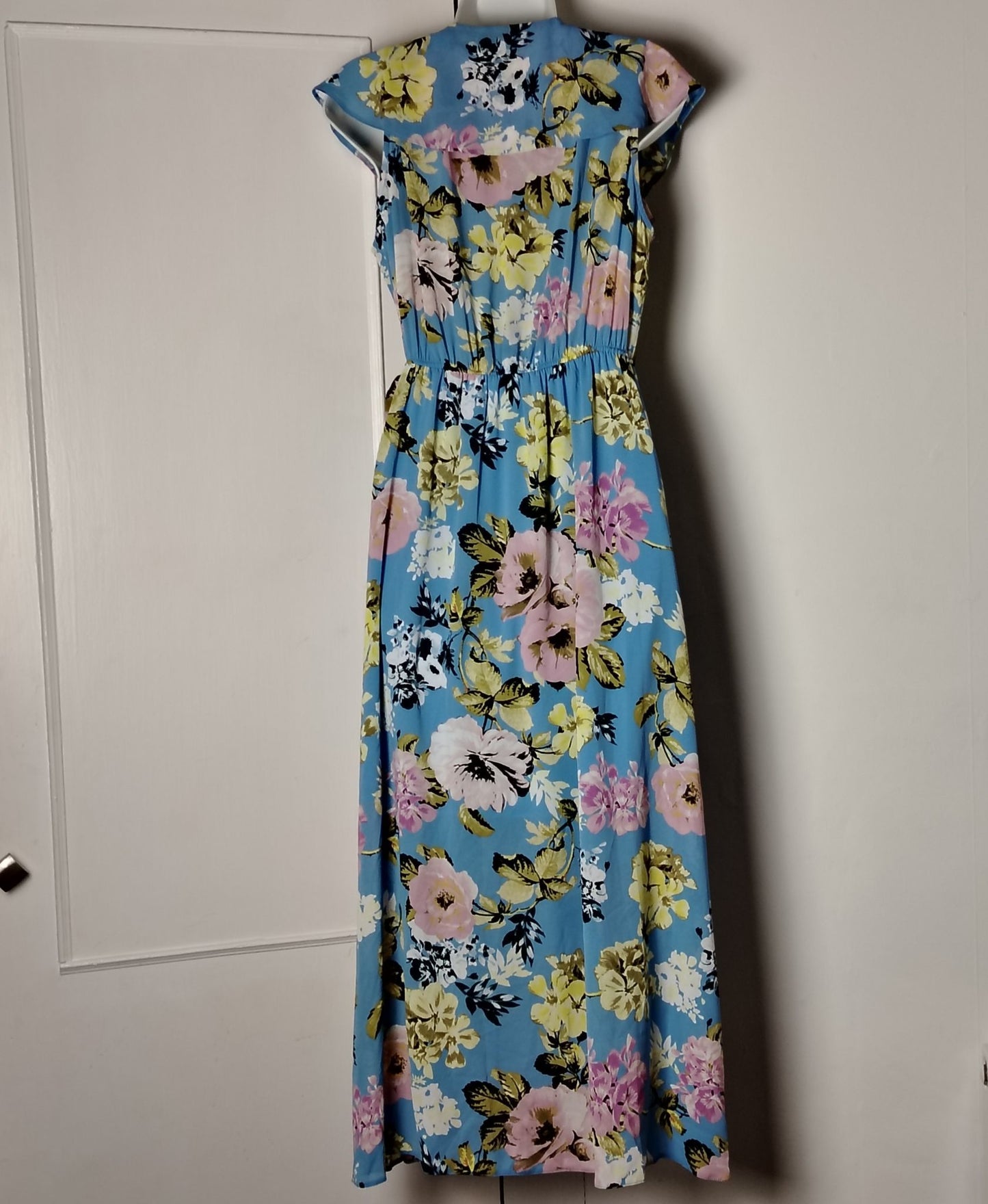 Pre-Loved Kaleidoscope Dress Womens UK 16 Blue Floral Wrap Maxi Ruffle Tie Waist Cap Sleeve