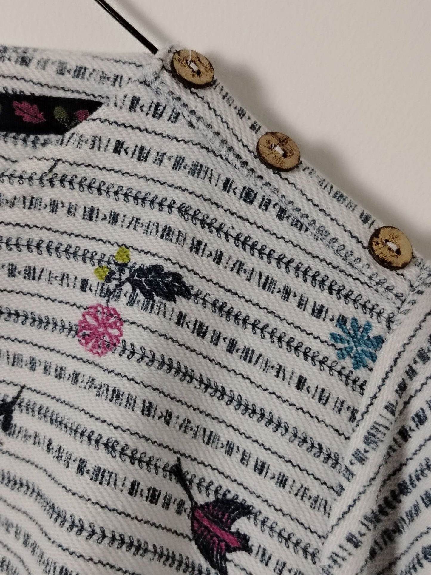 Pre-Loved Country Rose Long Sleeve Jumper Women's M Cotton Stripe Floral Button White Crew