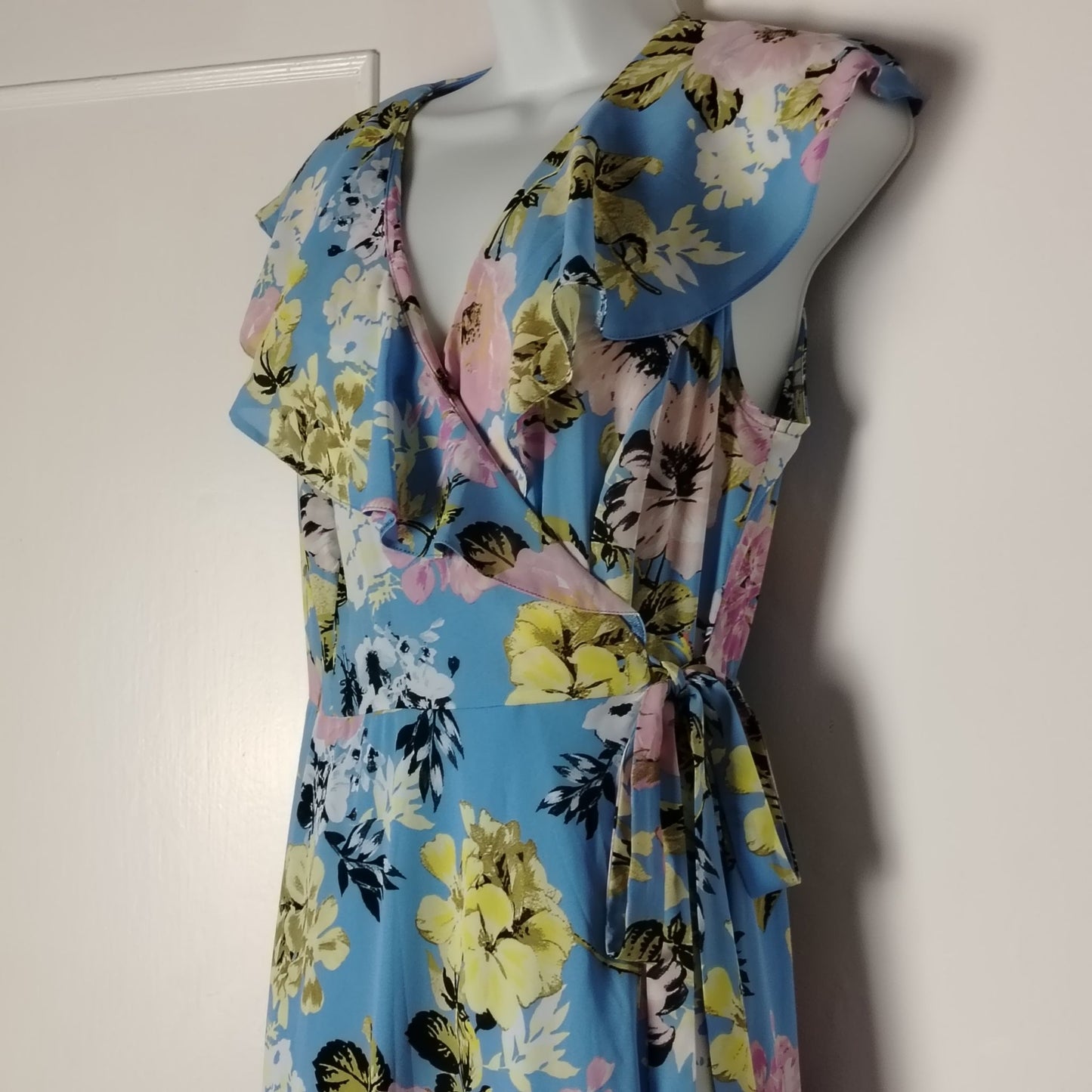 Pre-Loved Kaleidoscope Dress Womens UK 16 Blue Floral Wrap Maxi Ruffle Tie Waist Cap Sleeve