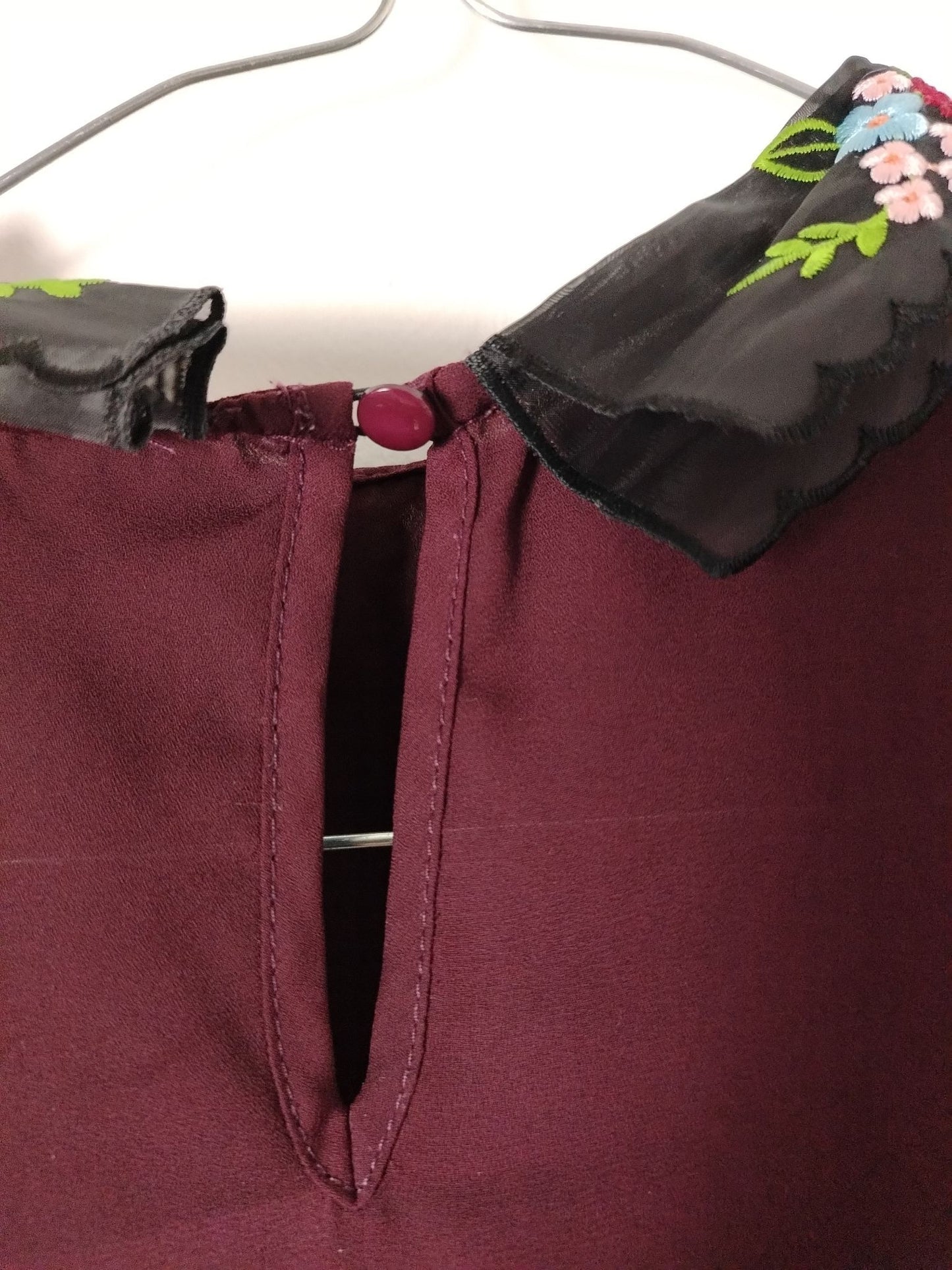 New Look Blouse Womens UK 8 Burgundy Embroidered Peter Pan Collar Ruffle Sleeve