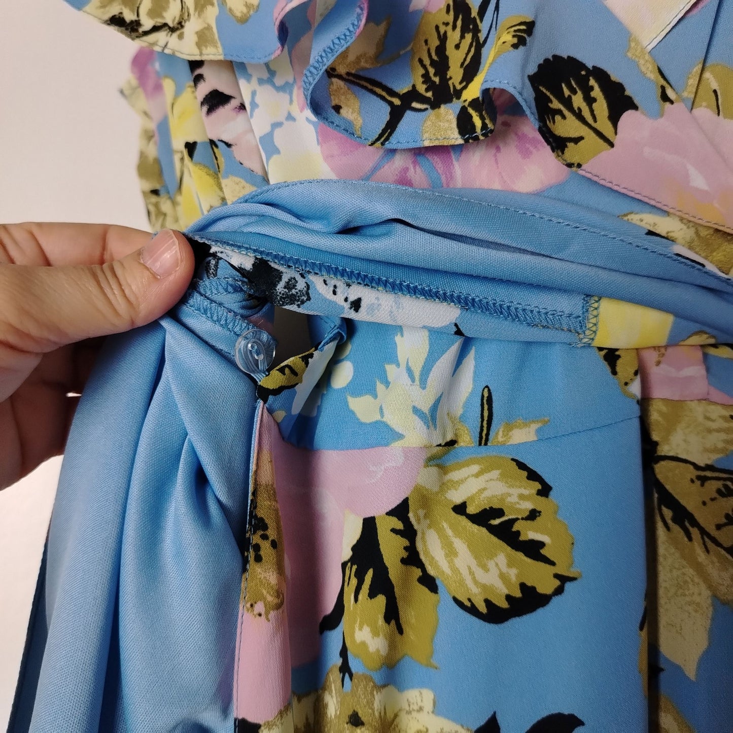 Pre-Loved Kaleidoscope Dress Womens UK 16 Blue Floral Wrap Maxi Ruffle Tie Waist Cap Sleeve