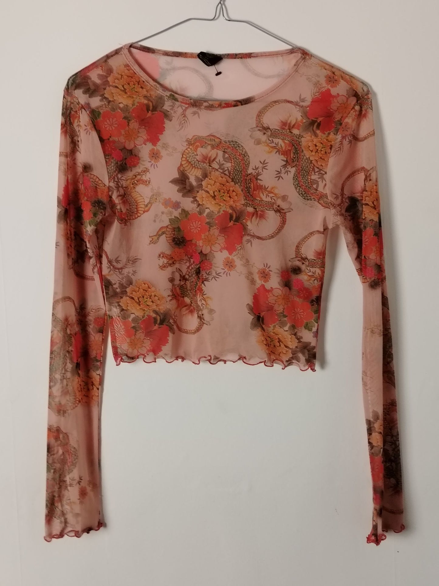 Pre-Loved Top Womens S Floral Snake Print Sheer Long Sleeve Crop Lettuce Hem Pink