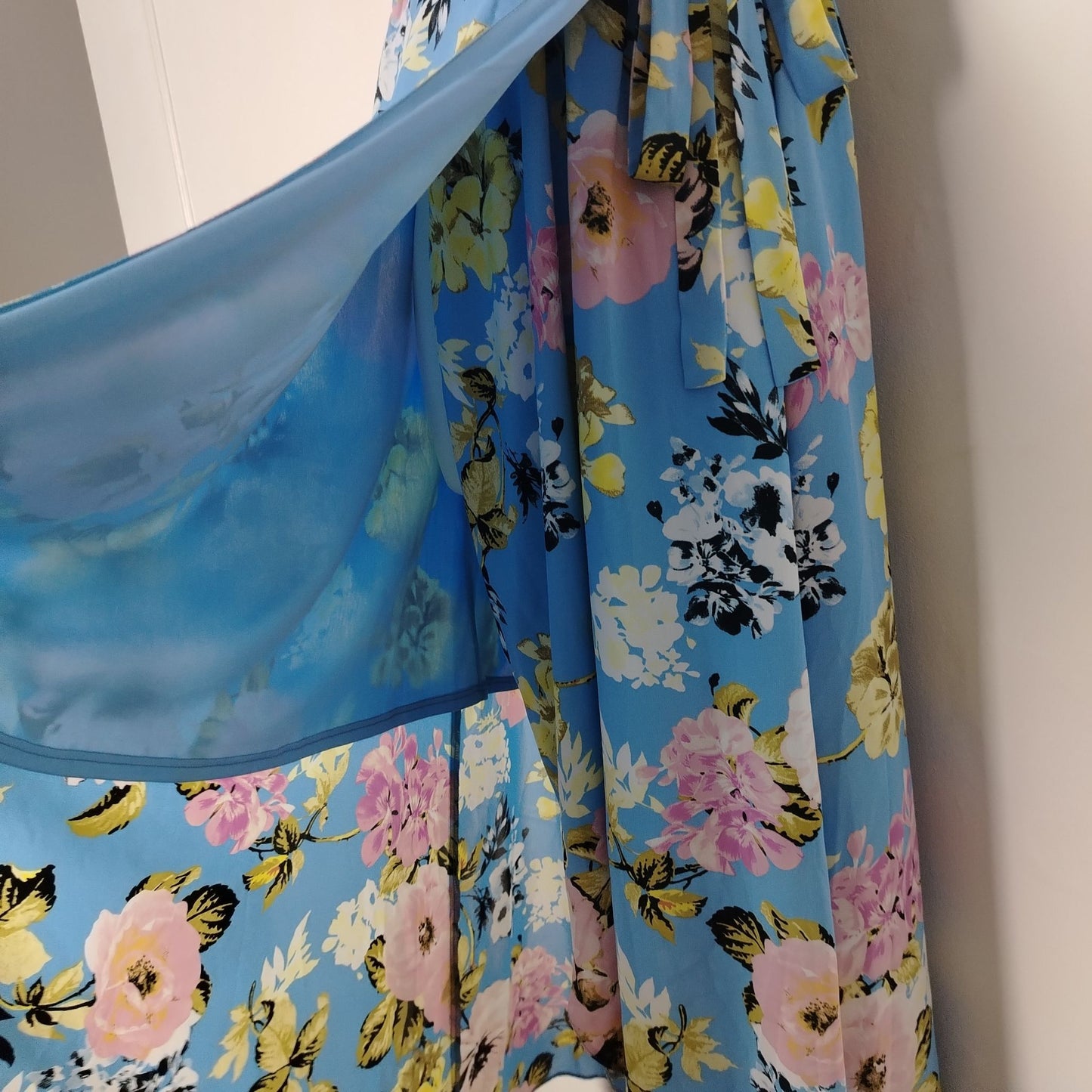 Pre-Loved Kaleidoscope Dress Womens UK 16 Blue Floral Wrap Maxi Ruffle Tie Waist Cap Sleeve
