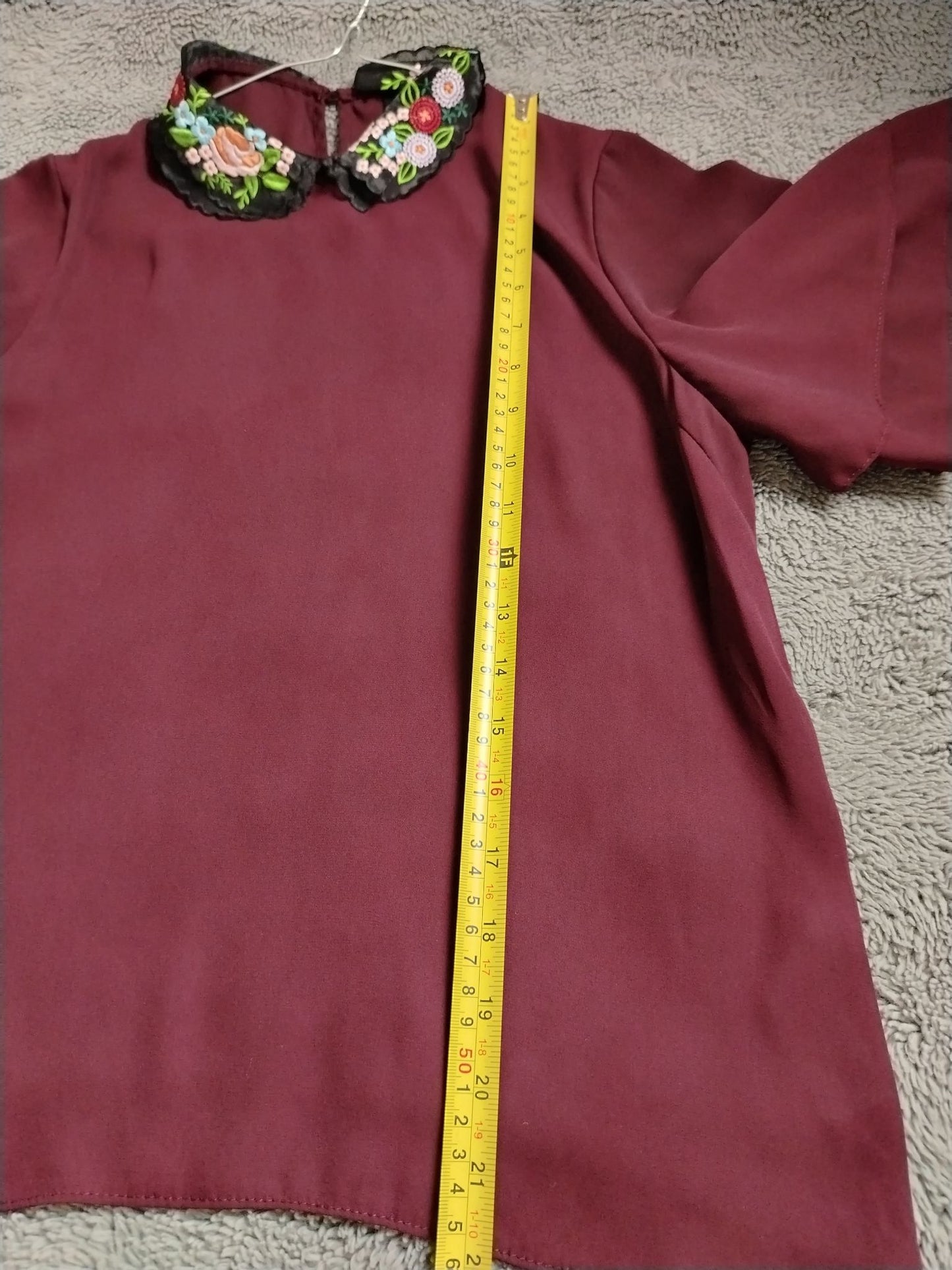 New Look Blouse Womens UK 8 Burgundy Embroidered Peter Pan Collar Ruffle Sleeve
